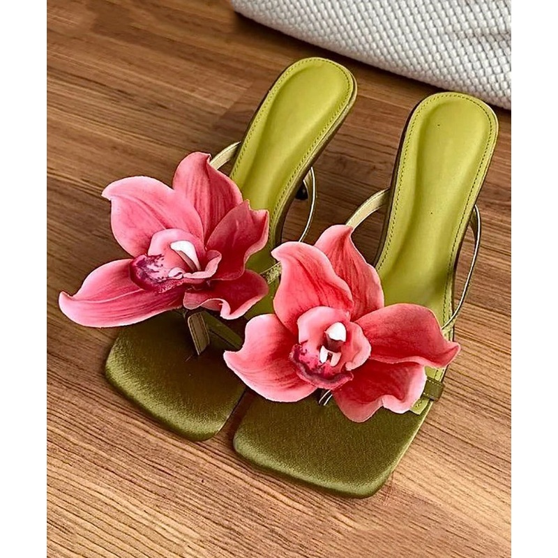 Green Floral Handmade Splicing High Heels Slide Sandals