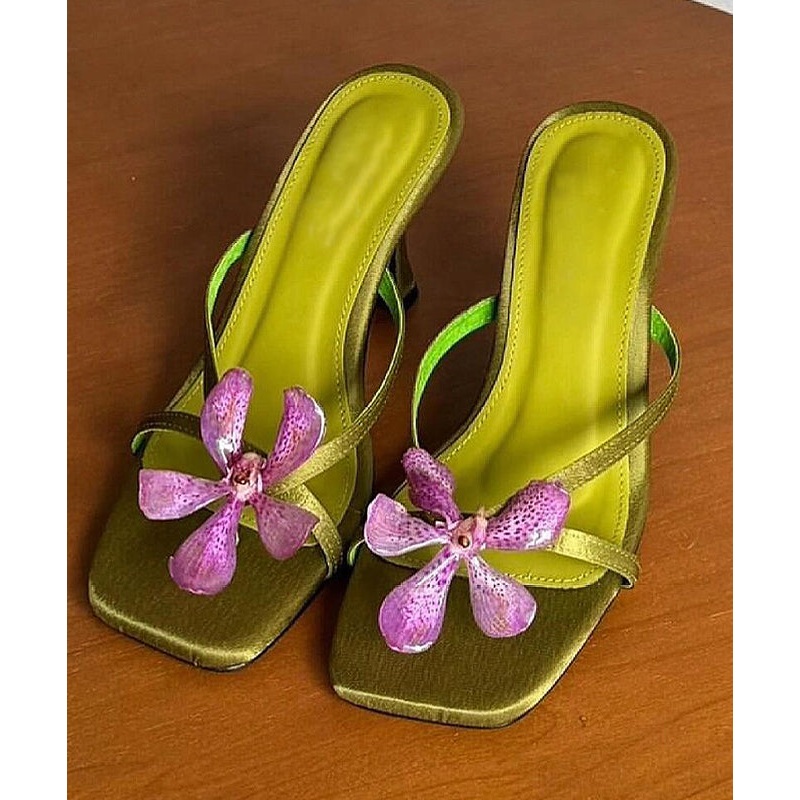 Green Floral Splicing High Heels Slide Sandals Peep Toe