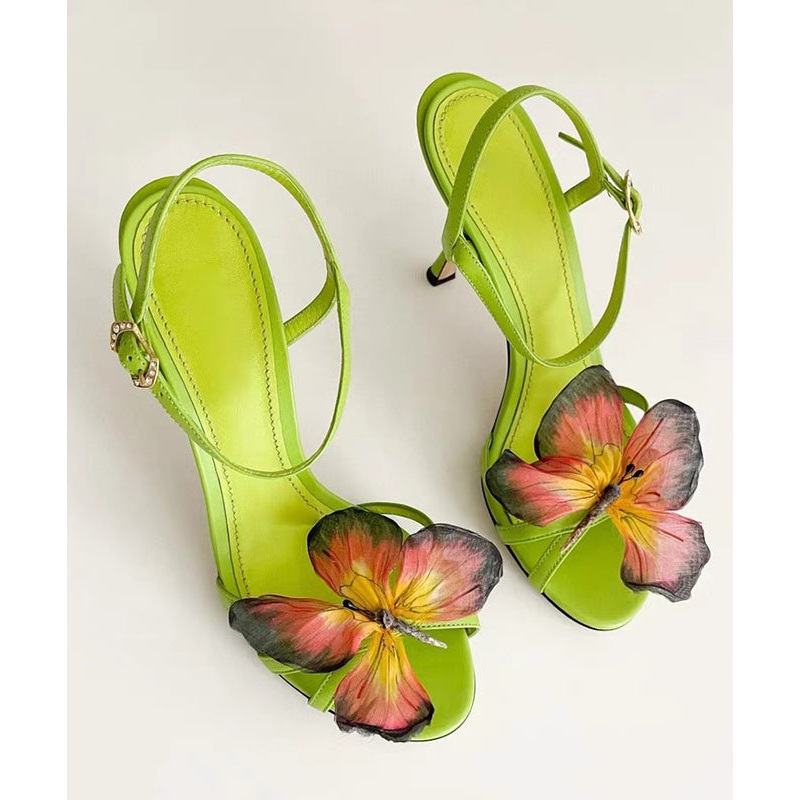 Green High Heels Cowhide Leather Sandals Fashion Splicing Butterfly