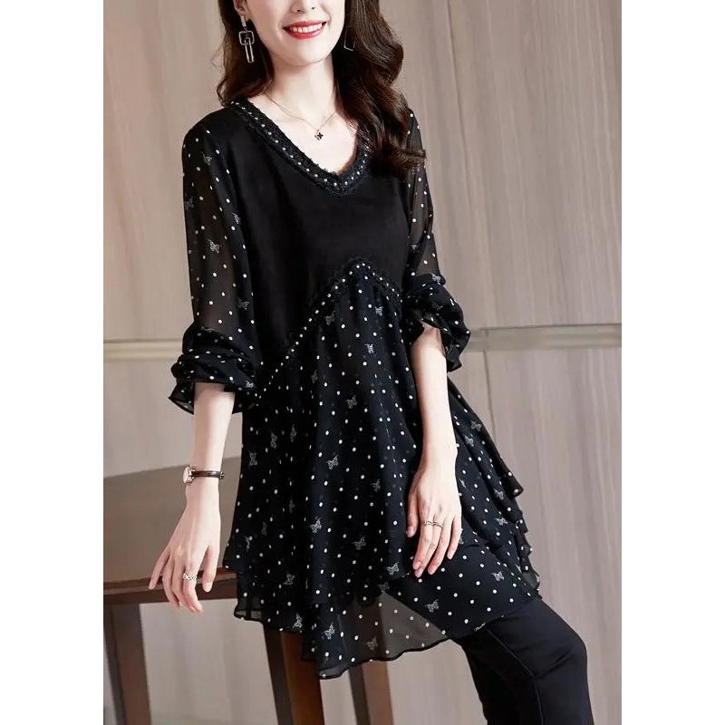 Stylish Black V Neck Dot Print Patchwork Chiffon Shirt Flare Sleeve