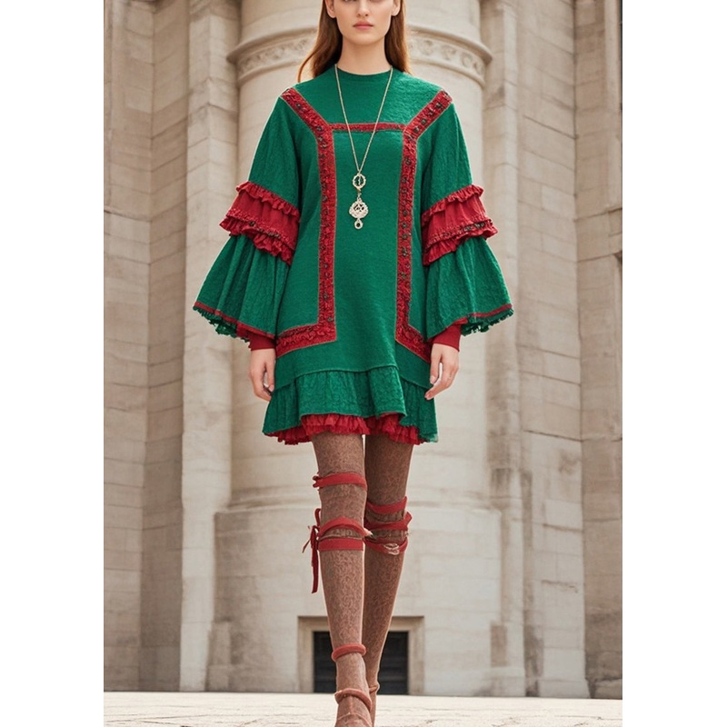 Stylish Green Ruffled Patchwork Cotton Day Dress Flare Sleeve