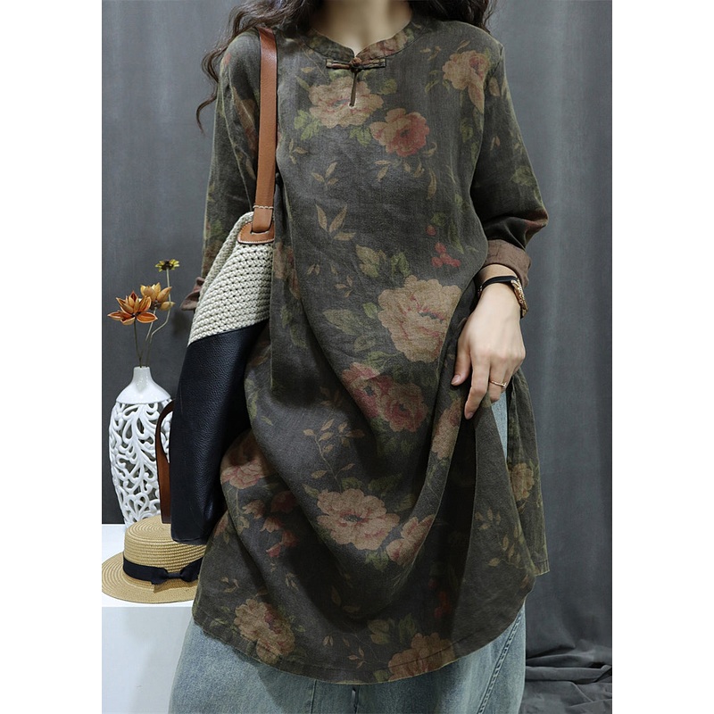 Vintage Black Print Button Linen Shirts Dress Bracelet Sleeve
