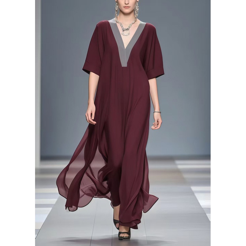 Vintage Mulberry V Neck Patchwork Chiffon Long Dress Summer