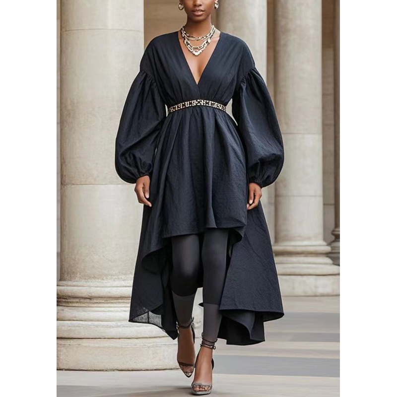 Women Black Asymmetrical Design Silm Fit Cotton Holiday Dress Fall