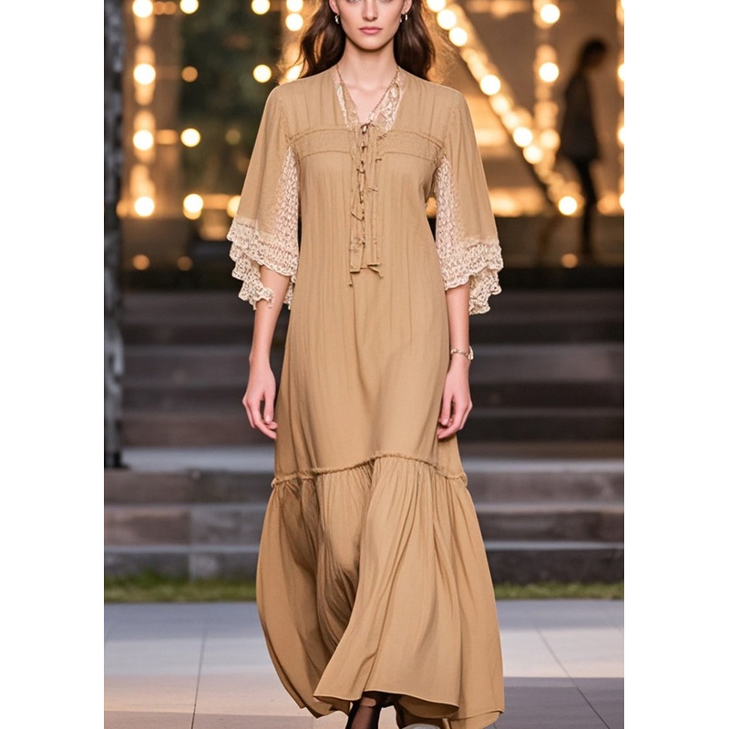 Women Khaki V Neck Patchwork Lace Cotton Robe Dress Summer