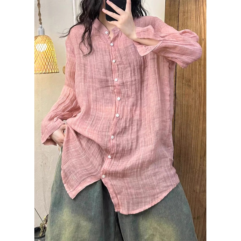 Women Pink Wrinkled Button Solid Linen Shirt Spring