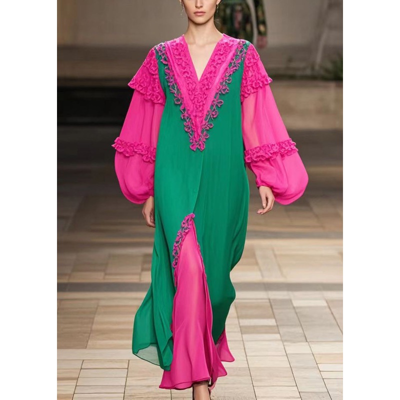 Art Colorblock Ruffled Patchwork Chiffon Maxi Dress Fall