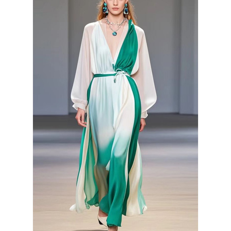 Art Gradient Color Cinched Tie Dye Silk Dress Fall