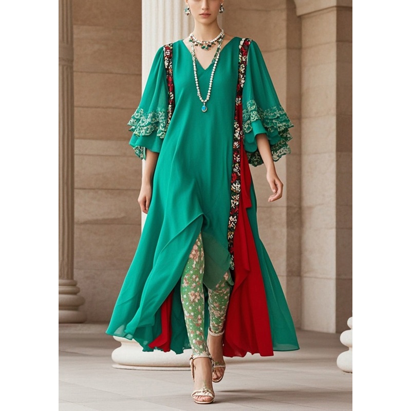 Art Green Asymmetrical Patchwork Chiffon Dress Flare Sleeve