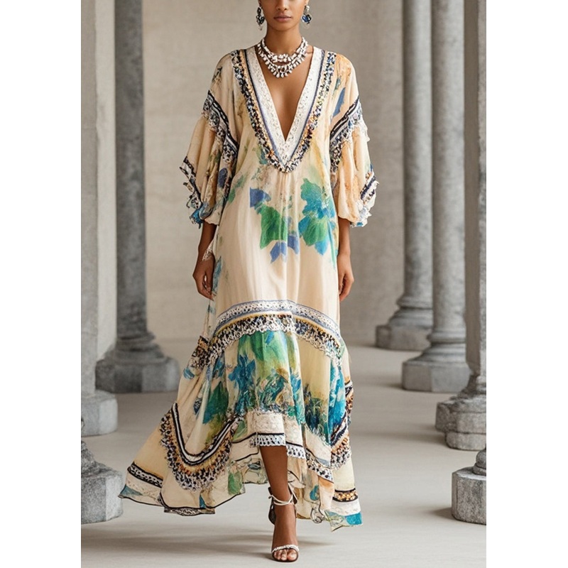 Beautiful Apricot V Neck Print Chiffon Holiday Dress Summer