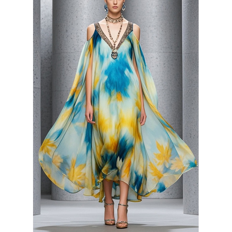 Beautiful Cold Shoulder Tie Dye Chiffon Beach Dress Summer