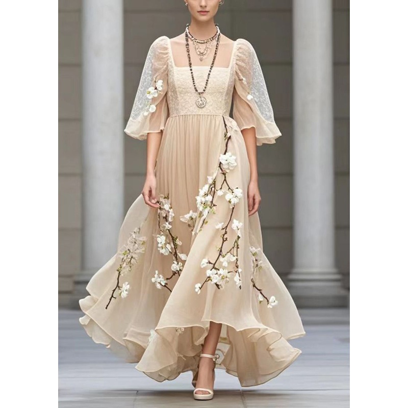 Beautiful Khaki Puff Sleeve Three-dimensional Plum Blossom Chiffon Sundress