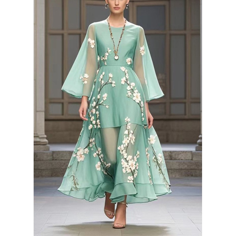 Beautiful Lake Green Plum Blossom Print Chiffon Party Dress Fall