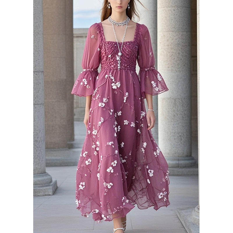 Beautiful Purple Square Collar Print Chiffon Holiday Dress Summer
