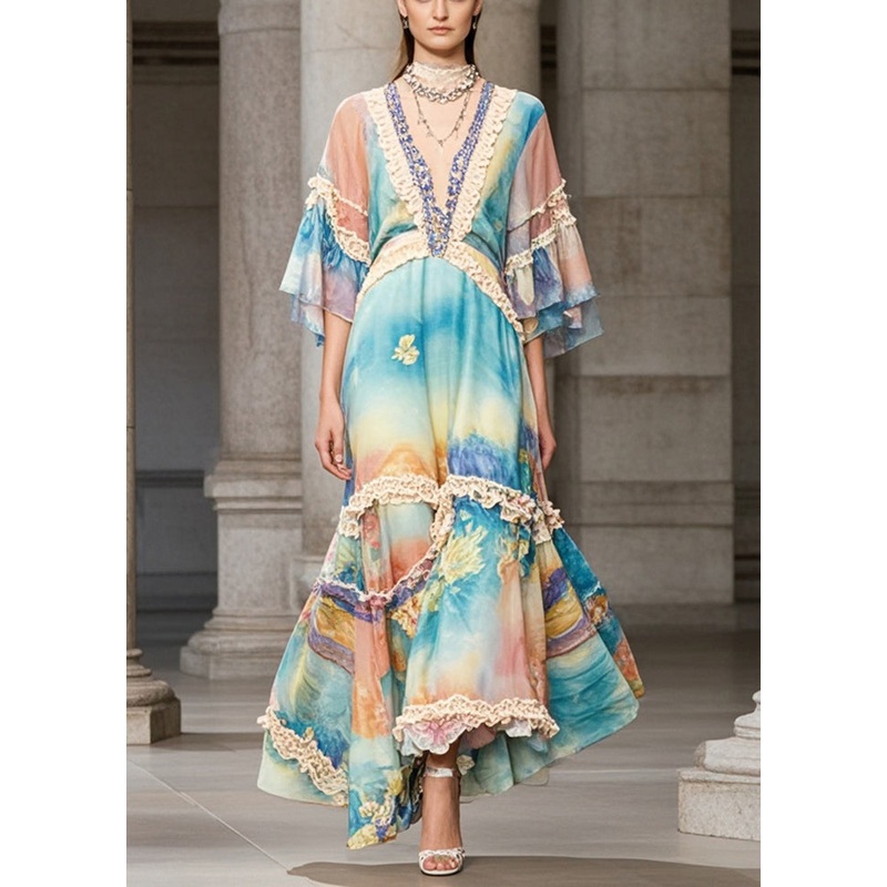 Beautiful Rainbow Ruffled Patchwork Chiffon Maxi Dress Summer