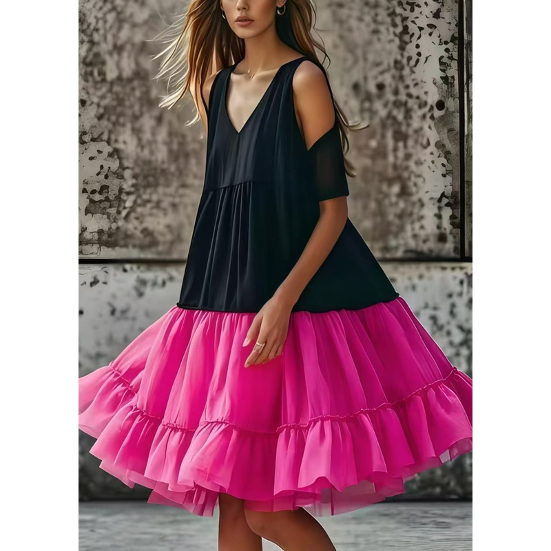 Bohemian Black Cold Shoulder Tulle Patchwork Cotton Tea Dress Summer