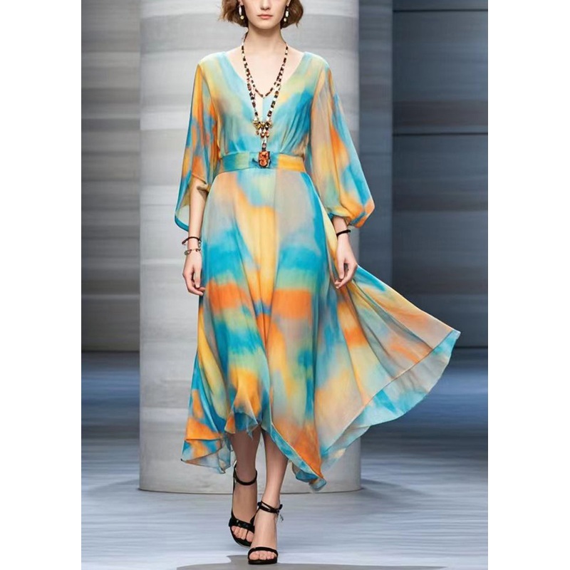 Bohemian Cinched Tie Dye Chiffon Maxi Dresses Fall
