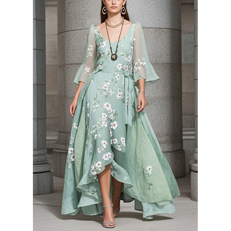 Bohemian Green Asymmetrical Print Exra Large Hem Chiffon Holiday Dress Summer