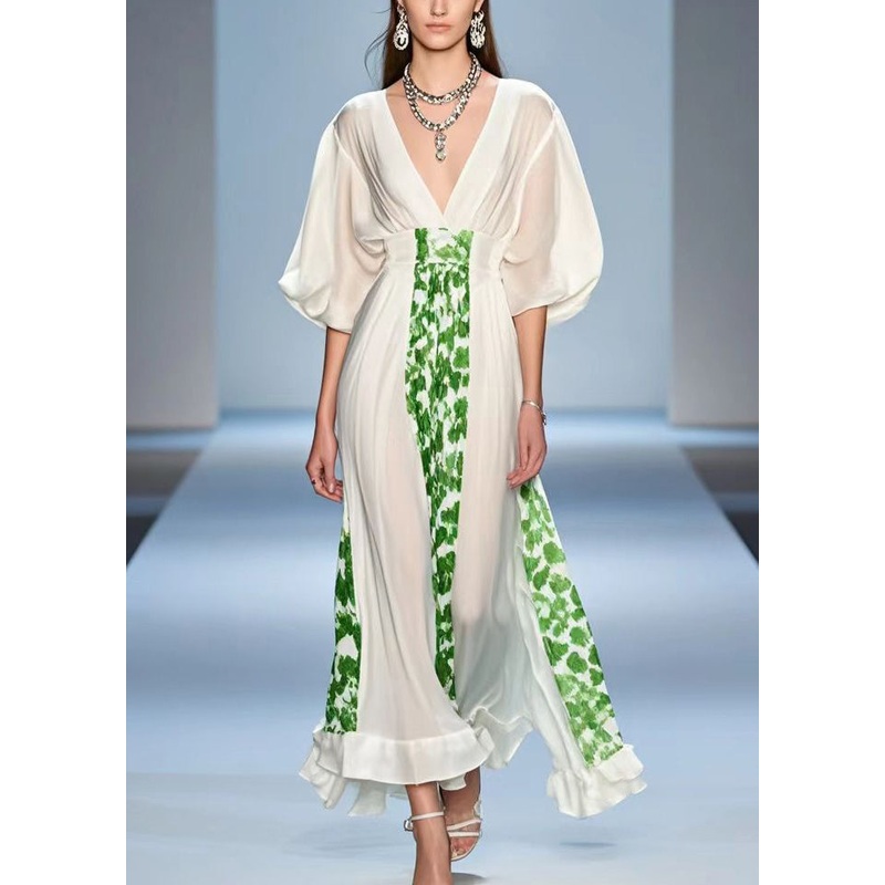 Bohemian White V Neck Print Silk Party Dress Summer
