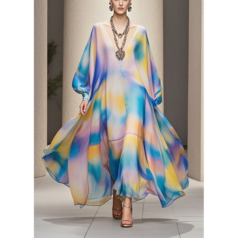 Stylish Rainbow Tie Dye Exra Large Hem Chiffon Maxi Dress Fall