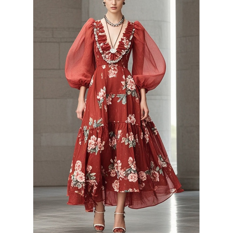 Stylish Red Puff Sleeve Print Chiffon Party Dress
