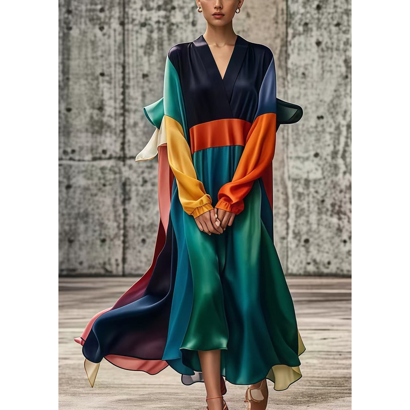 Unique Colorblock Oversized Patchwork Draping Silk Vacation Dresses Fall