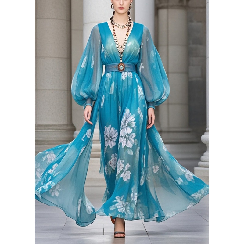Vintage Blue Cinched Print Chiffon Robe Dresses Lantern Sleeve