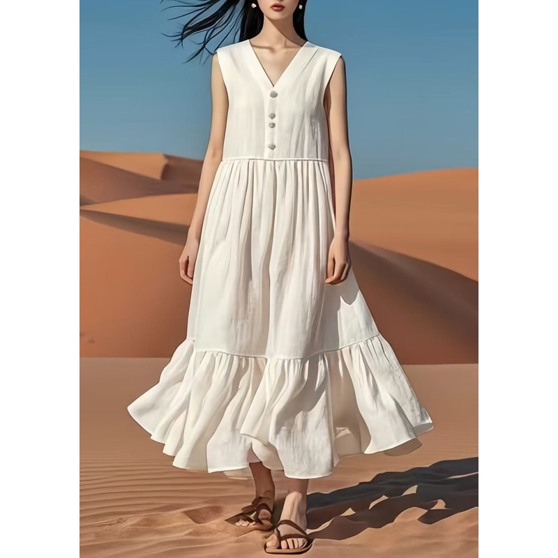 Vintage White V Neck Patchwork Cotton Long Dresses Summer