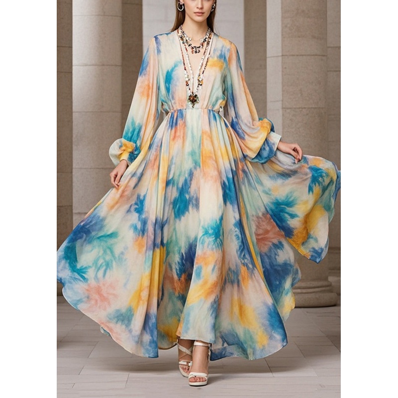 Women Beige Tie Dye Exra Large Hem Chiffon Maxi Dress Fall