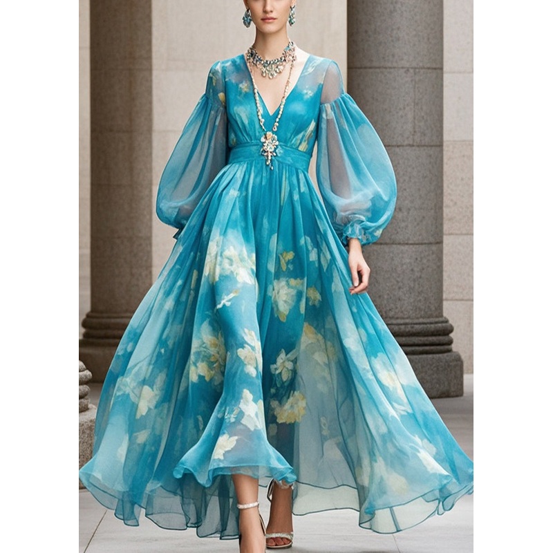 Women Blue Print Exra Large Hem Chiffon Dress Lantern Sleeve