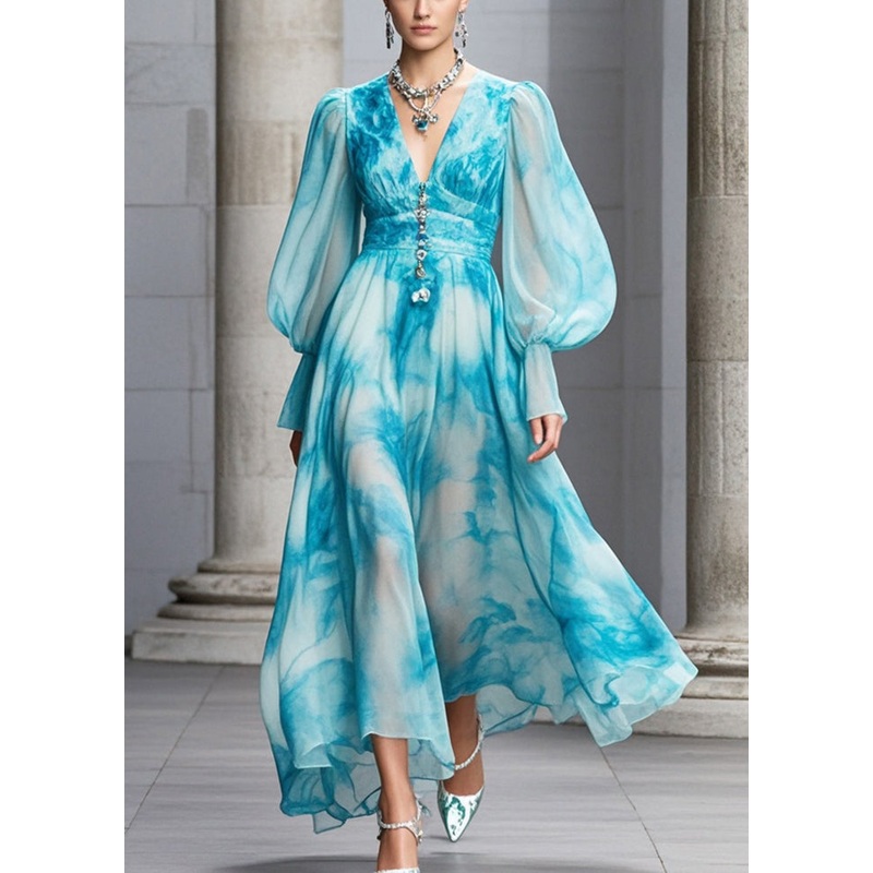 Women Blue V Neck Tie Dye Chiffon Maxi Dresses Fall