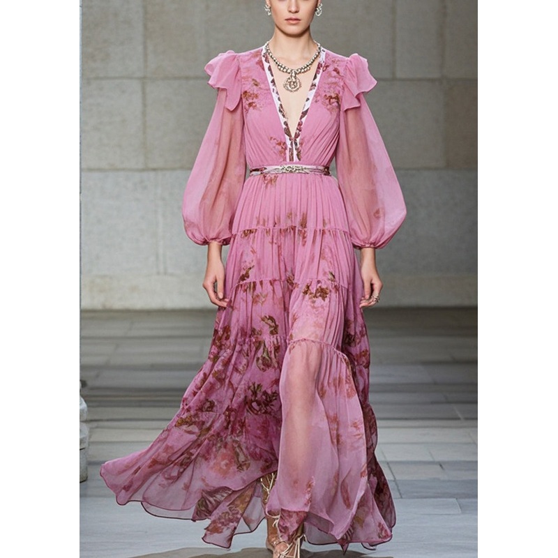Women Pink V Neck Print Exra Large Hem Chiffon Party Dresses Fall