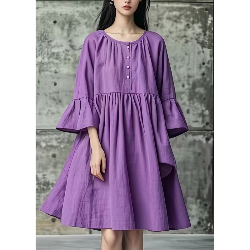 Women Purple Oversized Cotton Mid Dresses Flare Sleeve