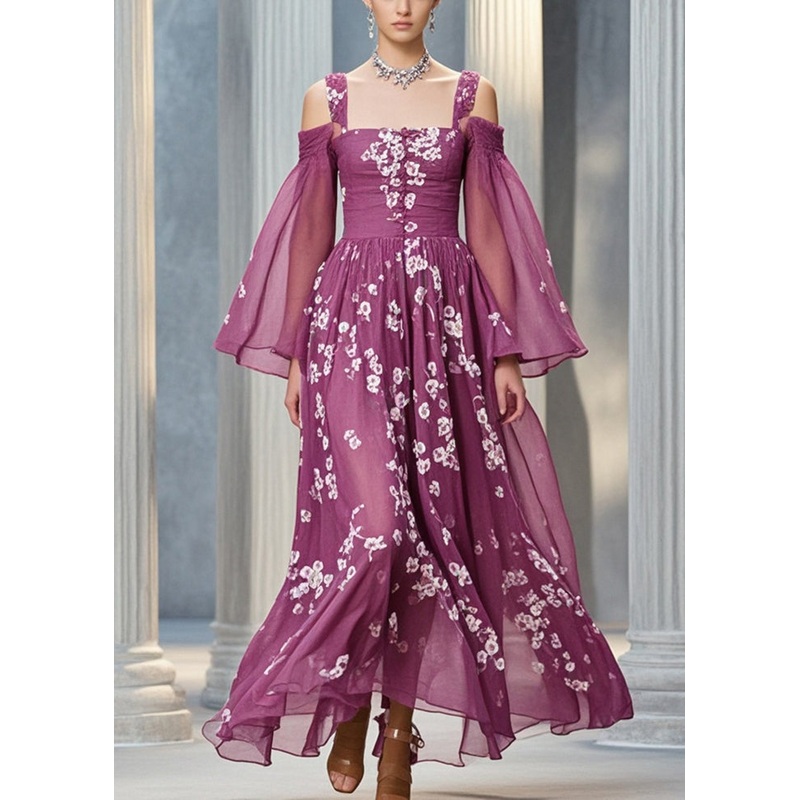 Women Purple Print Silm Fit Chiffon Cami Dresses Flare Sleeve