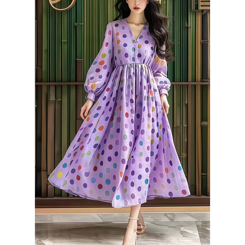 Women Purple V Neck Print Cotton Party Dress Fall