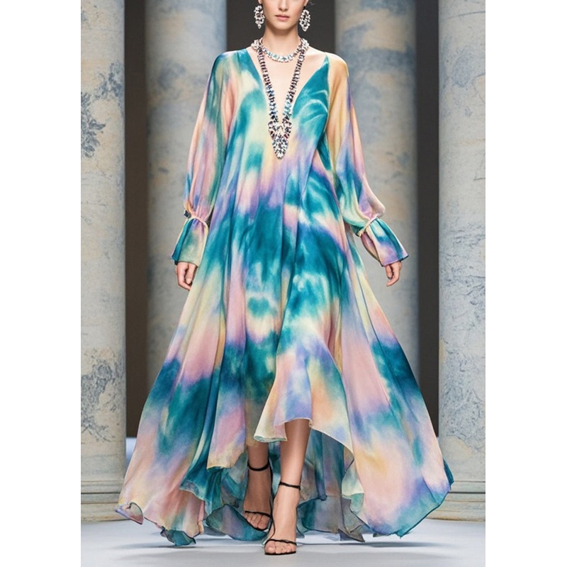 Women Rainbow Tie Dye Exra Large Hem Chiffon Beach Dress Fall