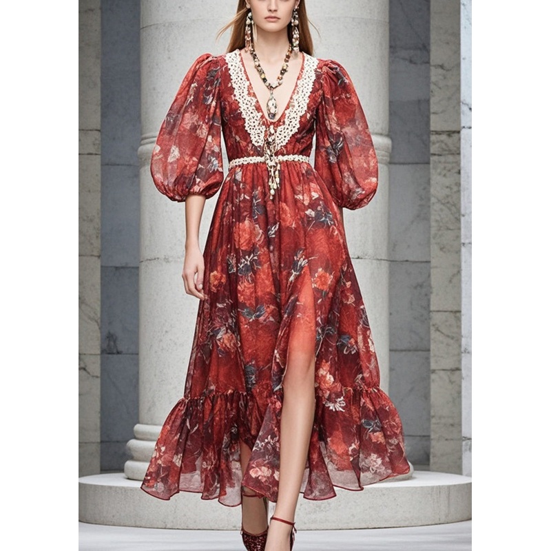 Women Red V Neck Print Chiffon Dresses Flare Sleeve