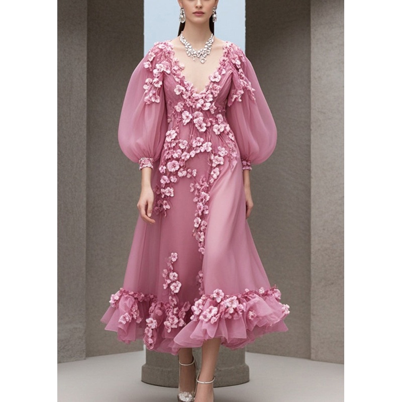 Women Rose V Neck Three-dimensional Floral Chiffon Dress Fall