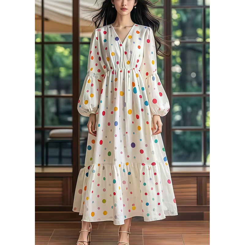 Women White Cinched Print Cotton Long Dress Lantern Sleeve
