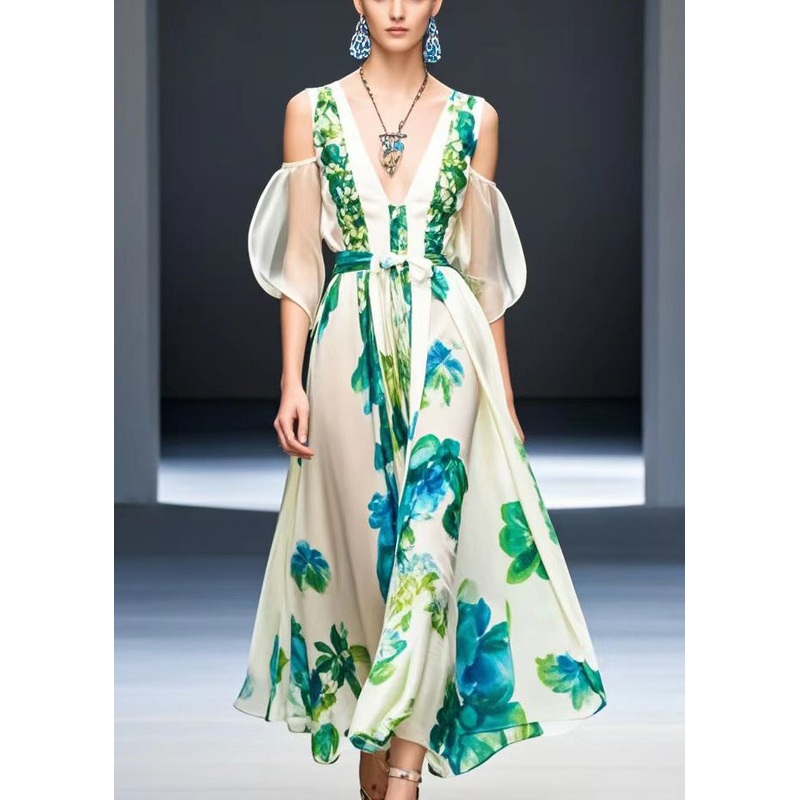 Women White Cold Shoulder Print Silk Maxi Dresses Summer