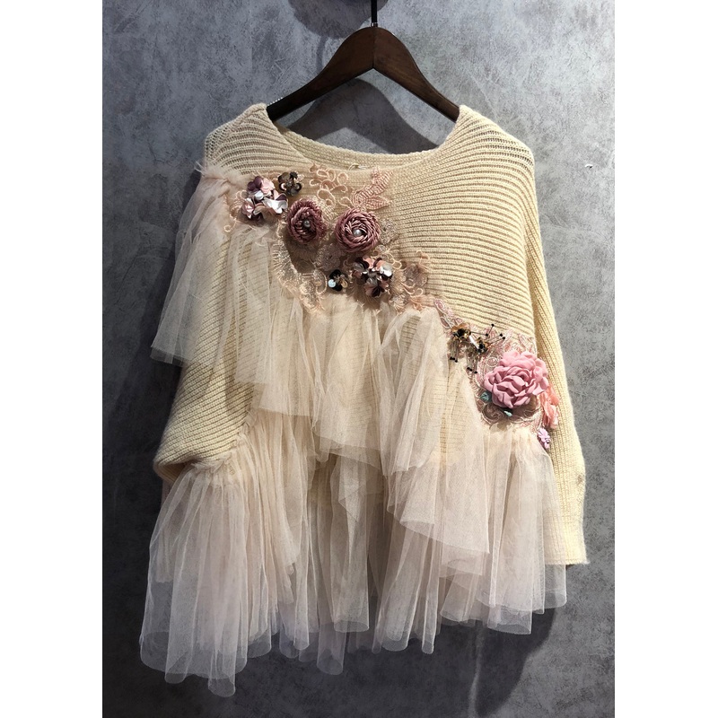 Art Beige O Neck Tulle Patchwork Knit Sweater Winter
