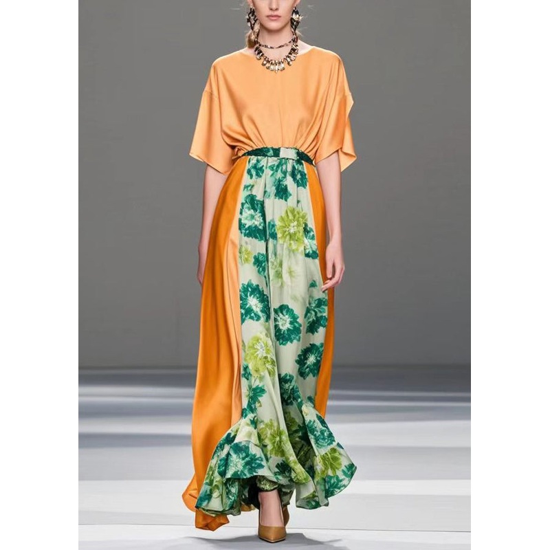 Art Orange Cinched Patchwork Silk Dresses Summer