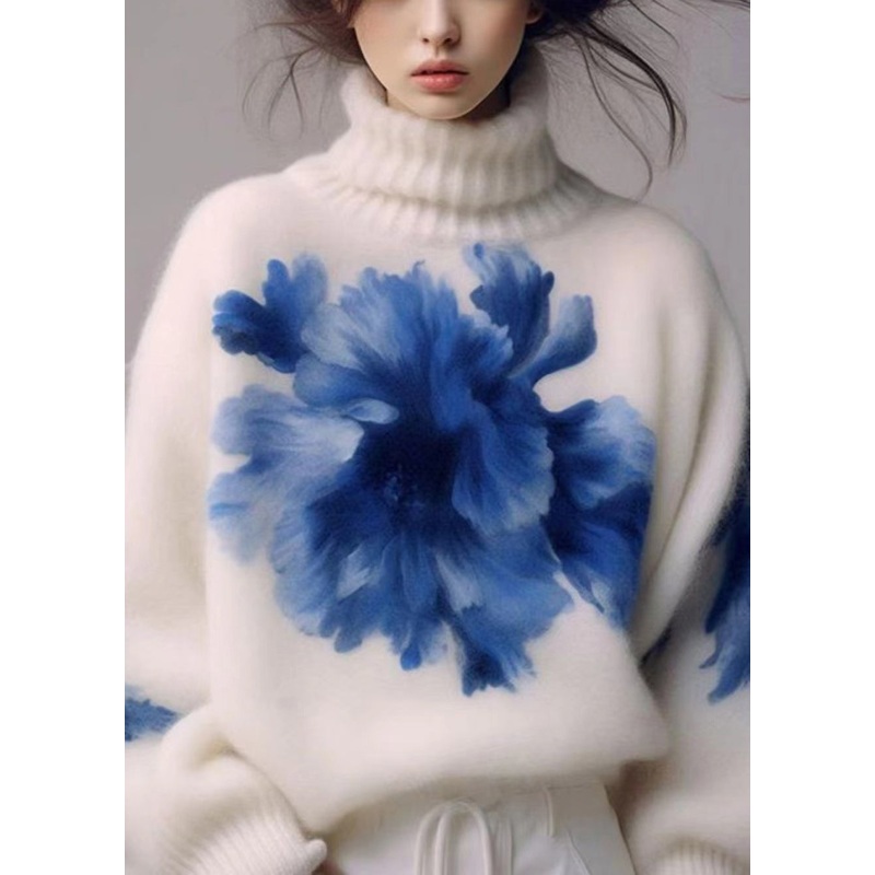 Art White Turtleneck Print Wool Knit Sweaters Winter