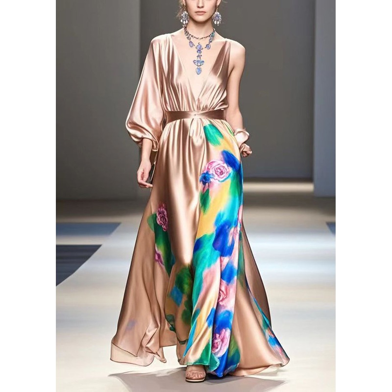 Beautiful Brown Print Exra Large Hem Silk Long Dress Fall