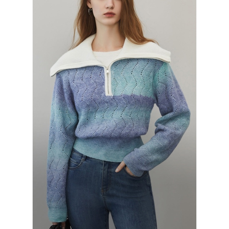 Blue Gradient Color Hollow Out Wool Knit Sweater Zip Up Winter