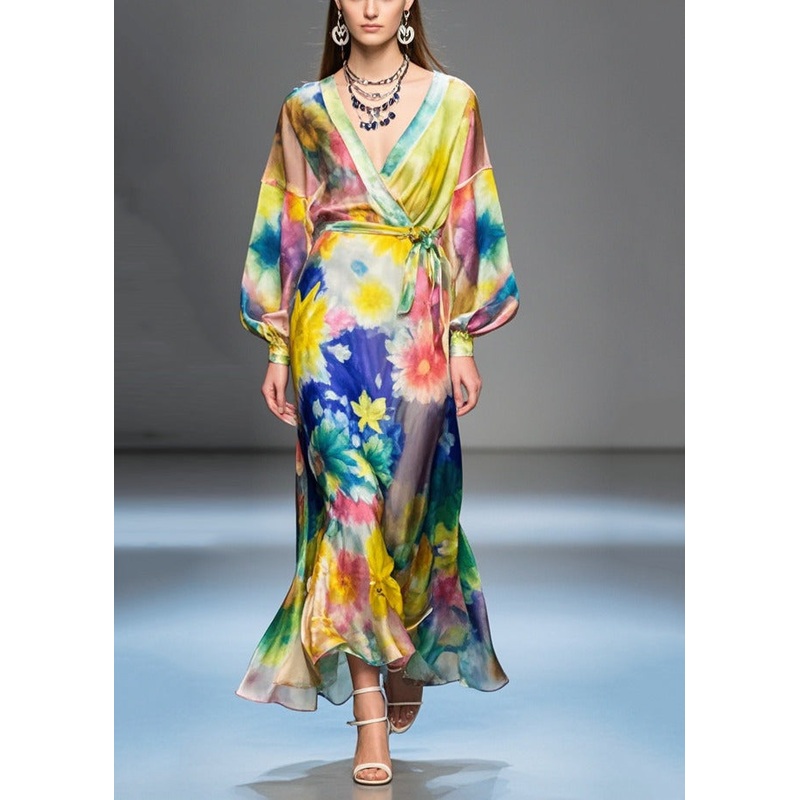 Bohemian Flower Print Tie Waist Silk Long Dress Fall