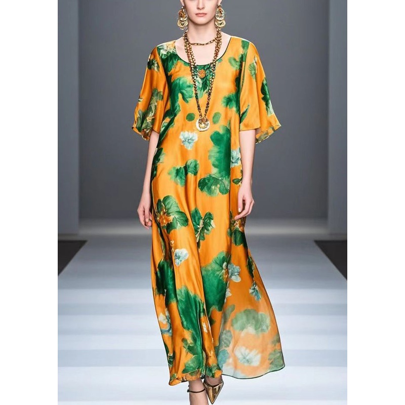 Bohemian Orange Print Draping Silk Beach Dress Summer