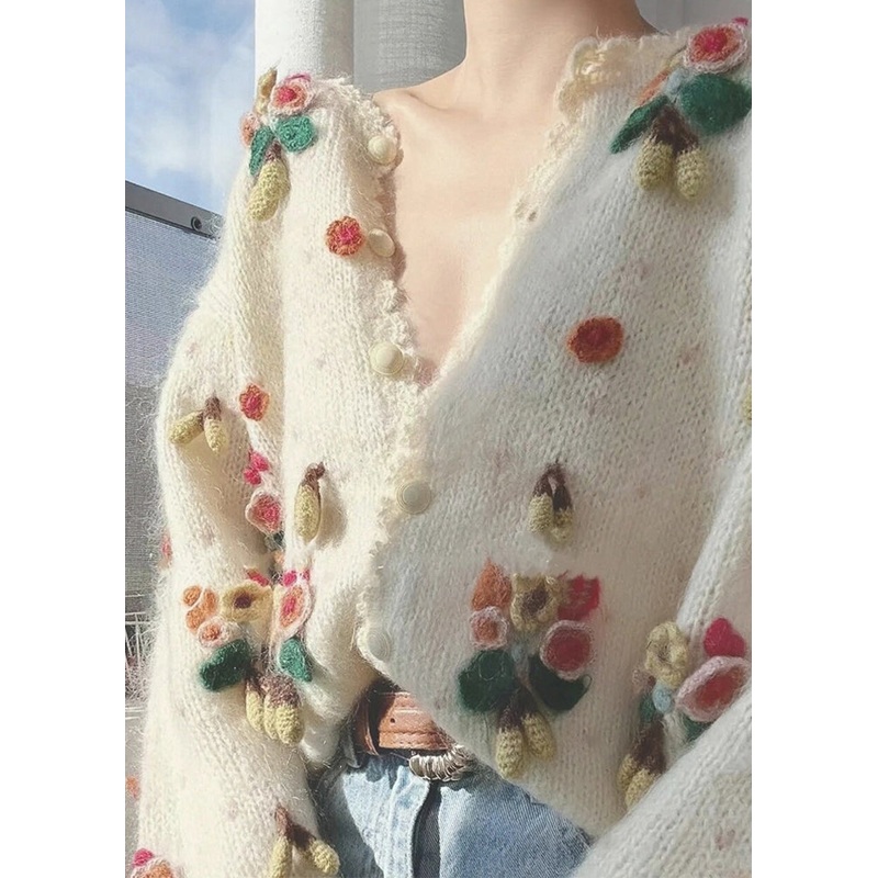 Chic Beige V Neck Button Patchwork Knit Cardigan Winter
