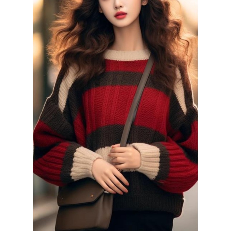 Chic Red Striped Cozy Patchwork Knit Sweater Winter