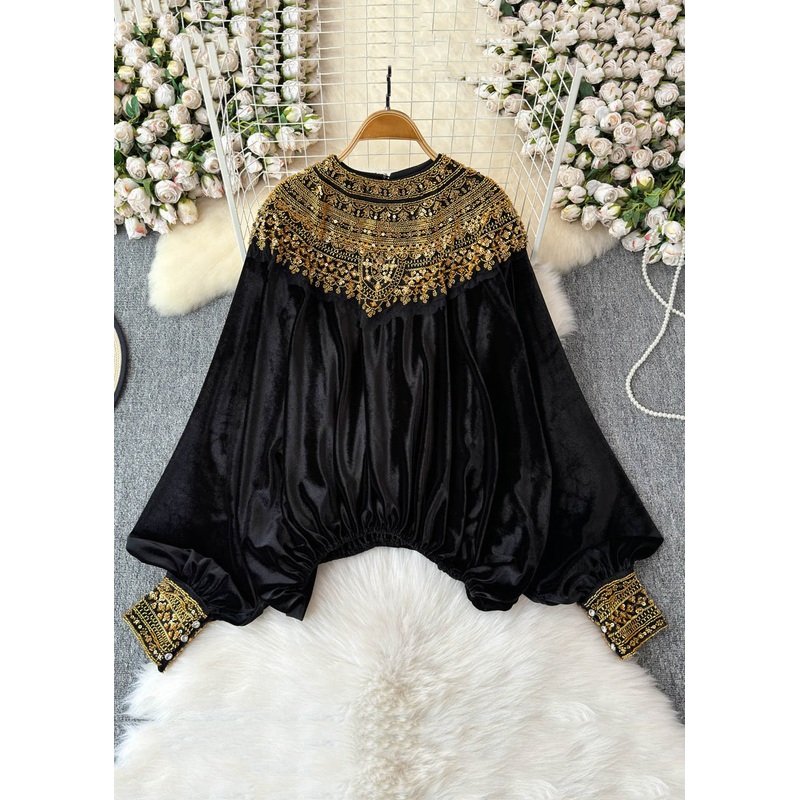Classy Gold Sequins Patchwork Velour Shirts Winter